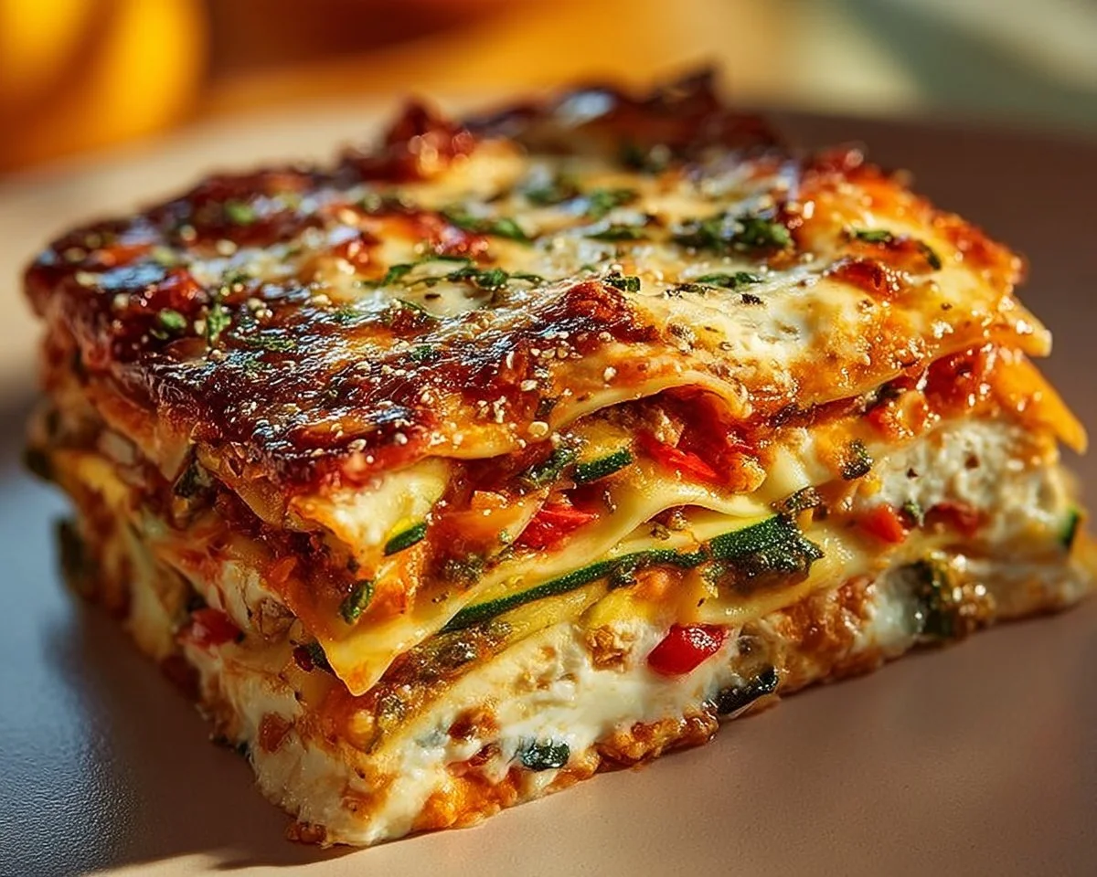 A serving of veggie lasagna topped with fresh herbs and melted cheese