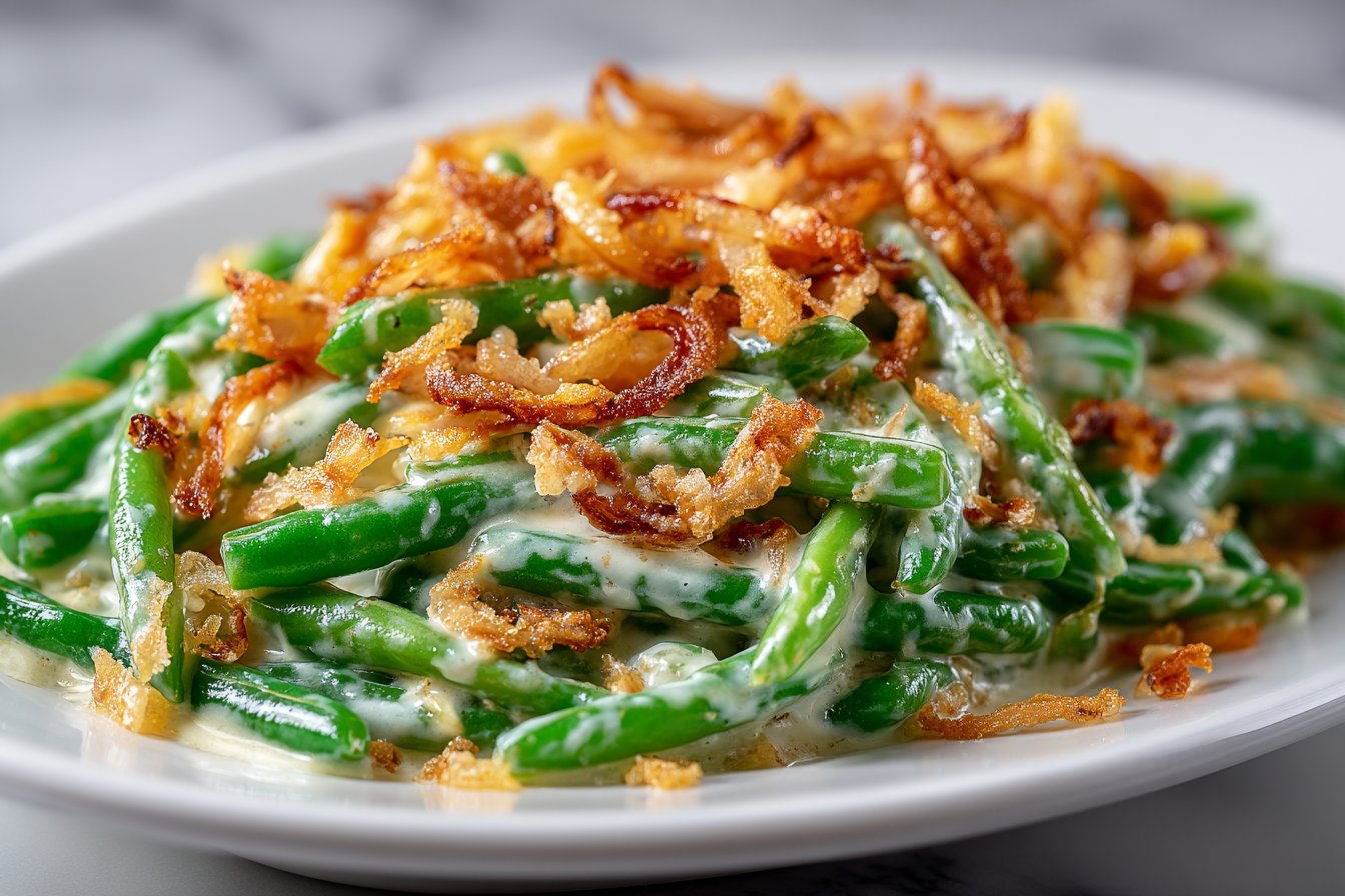 Green Beans with Creamy Sauce and Fried Onions
