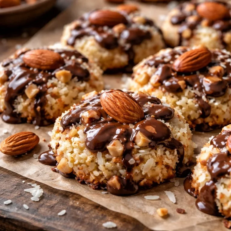 Delicious 4 Ingredient Almond Joy Cookies with chocolate and coconut topping