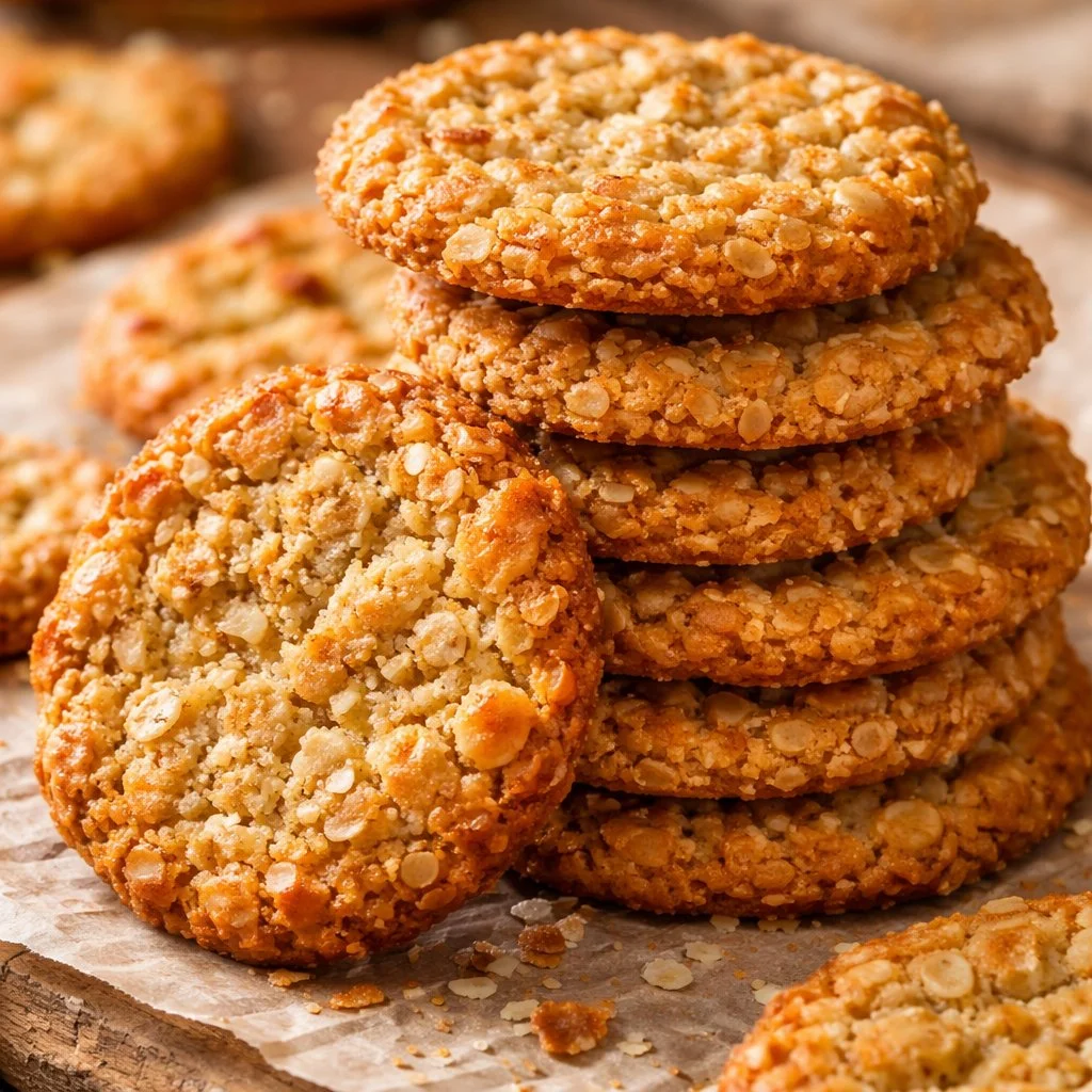 Crispy coconut oat cookies displayed on a plate, highlighting the 4 ingredient recipe.