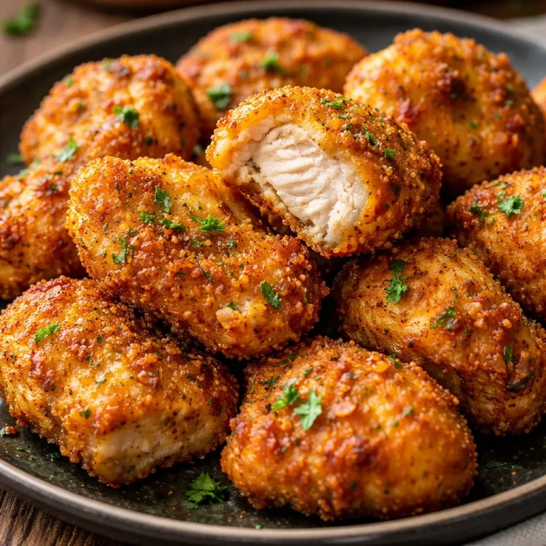 Crispy air fryer ranch-crusted chicken bites served with dipping sauce.