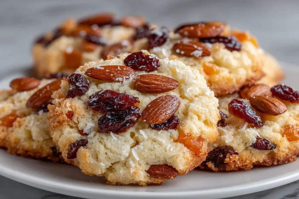 Freshly baked Almond Cherry Cookies with almonds and cherries on a plate