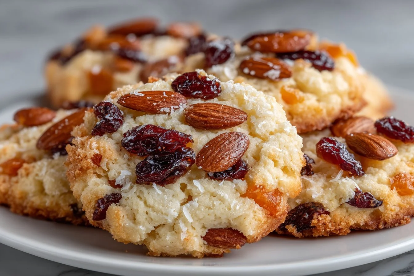 Freshly baked Almond Cherry Cookies with almonds and cherries on a plate