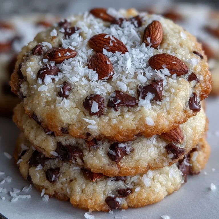 Plate of homemade Almond Joy Cookies topped with chocolate, coconut, and almonds