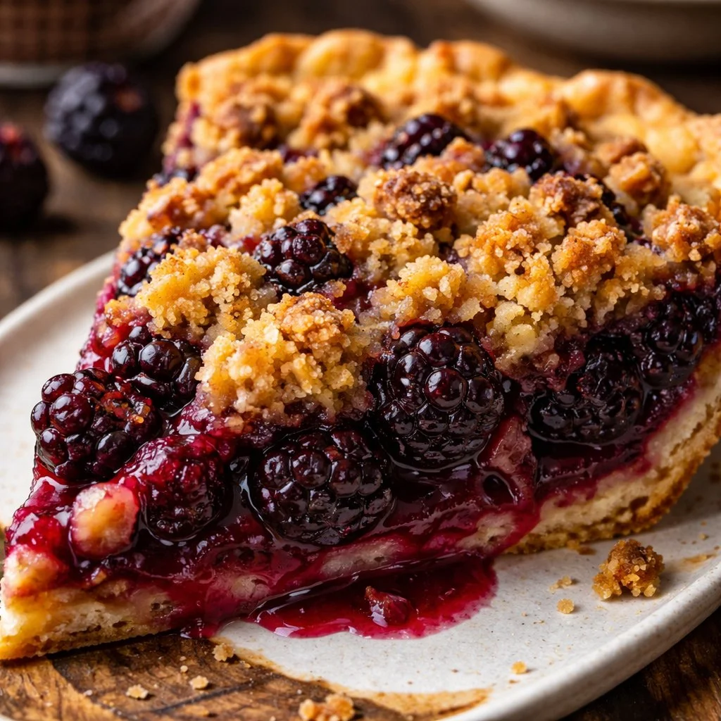Delicious blackberry crumble pie with a golden crust and berry filling.