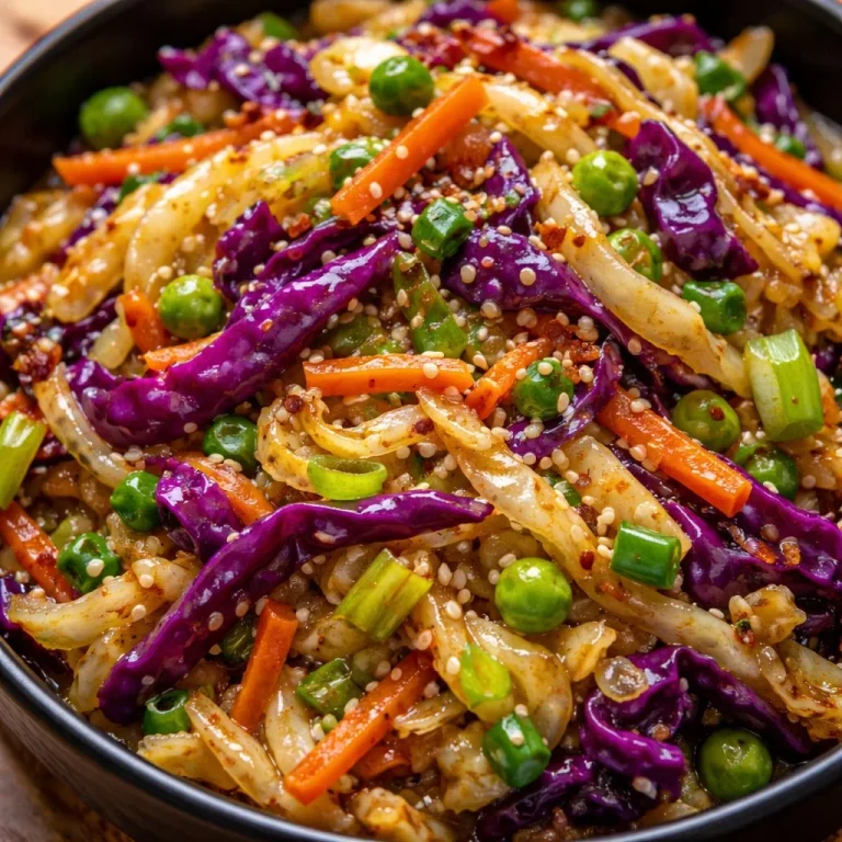 A colorful bowl of Asian cabbage stir fry with vegetables and sauce.