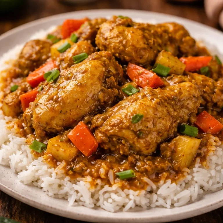 Plate of authentic Jamaican curry chicken with vibrant spices and herbs