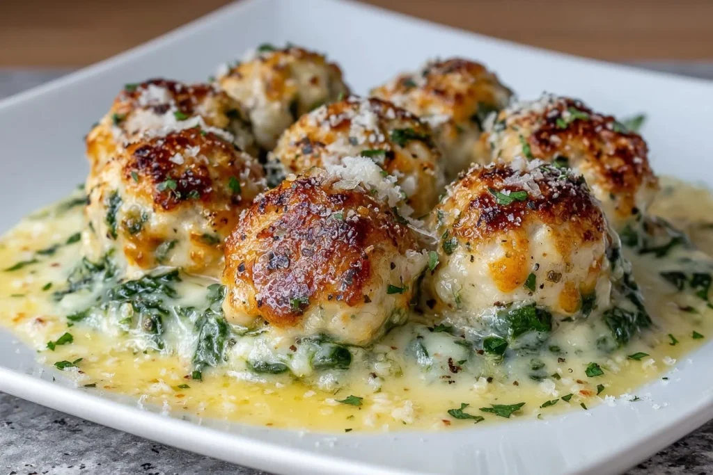 Baked chicken ricotta meatballs with spinach Alfredo sauce on a plate