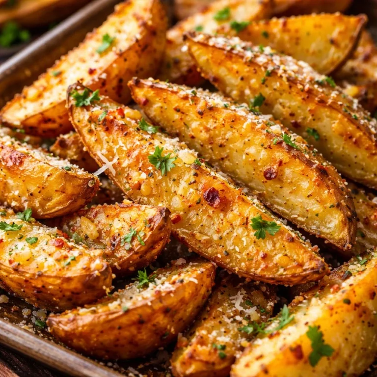 Oven-baked Garlic Parmesan Potato Wedges served on a plate