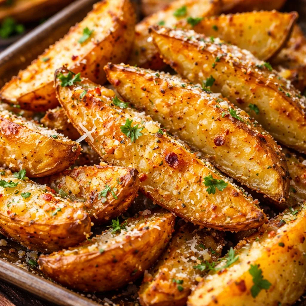 Oven-baked Garlic Parmesan Potato Wedges served on a plate
