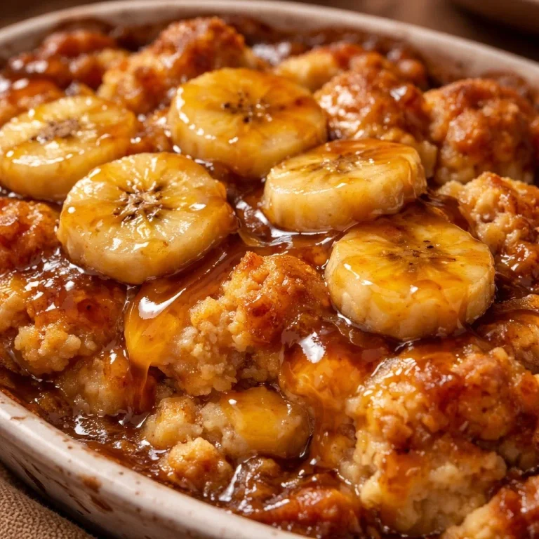 Delicious Bananas Foster Cobbler served in a bowl with caramel sauce.