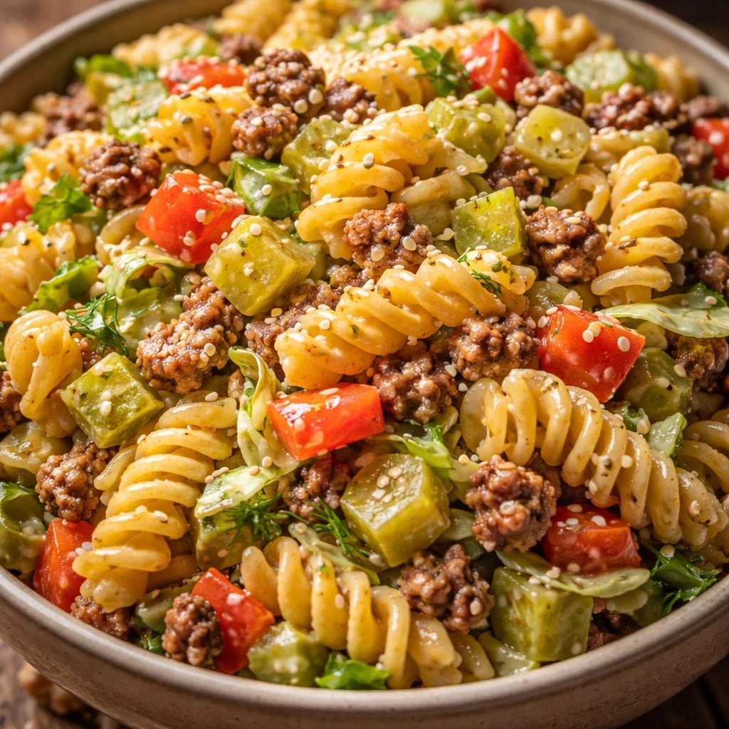 Big Mac Pasta Salad with fresh ingredients and creamy dressing