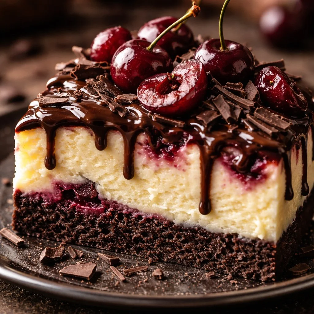 Delicious Black Forest Cheesecake Symphony with chocolate and cherries