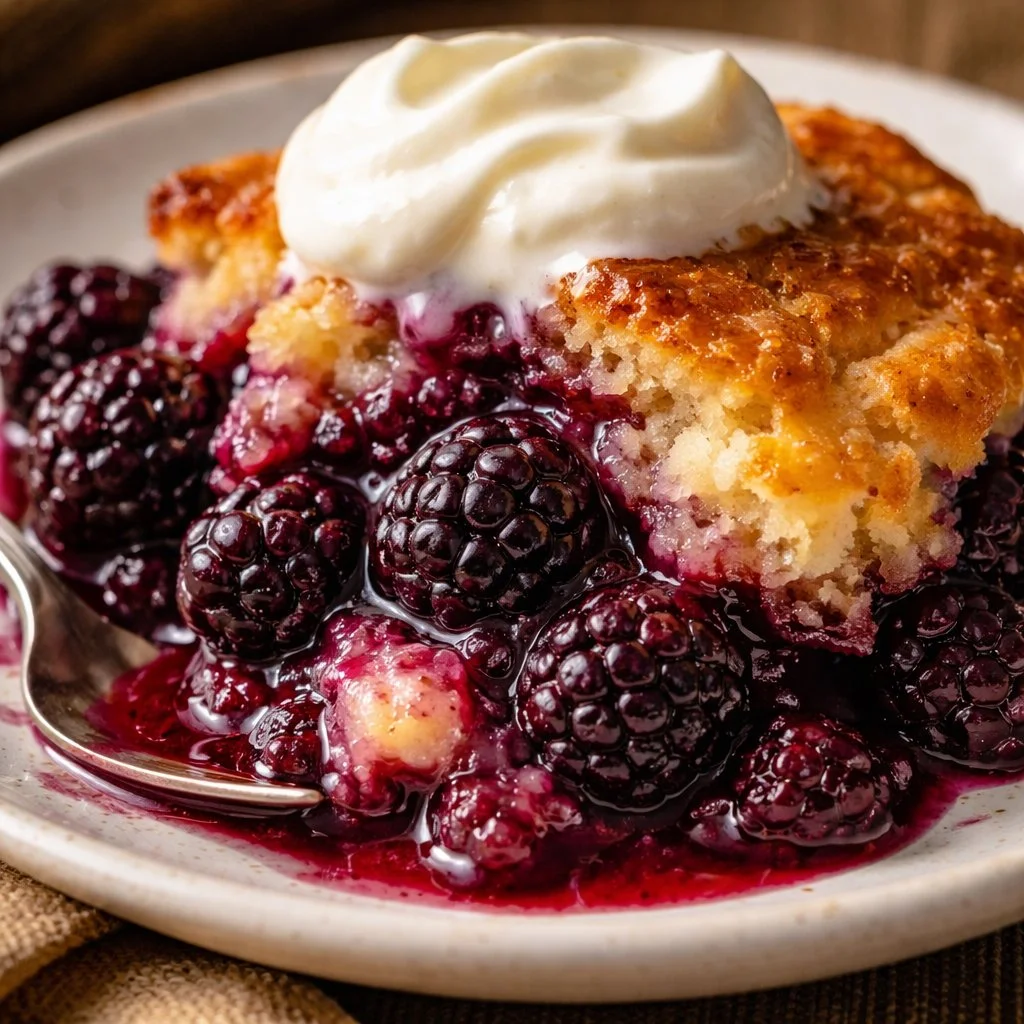 Freshly baked blackberry cobbler with golden crust and juicy berries
