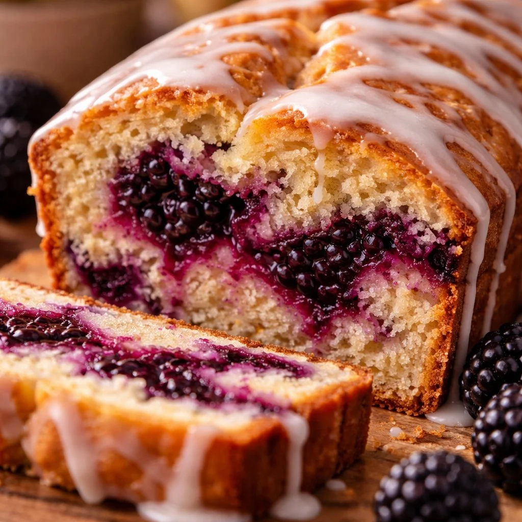 Freshly baked blackberry loaf with juicy blackberries and a golden crust