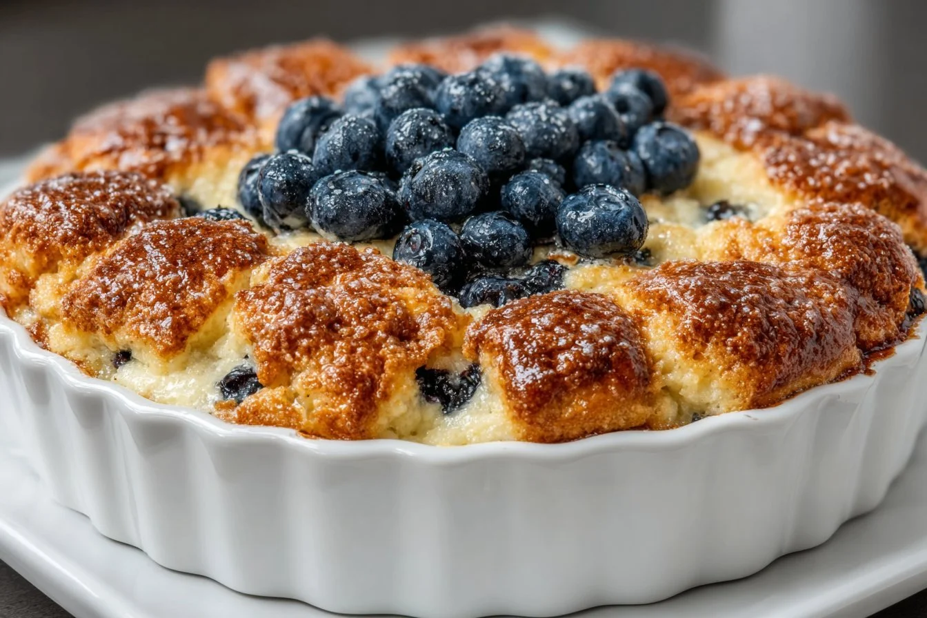 Freshly baked blueberry cobbler served in a dish with a crispy topping