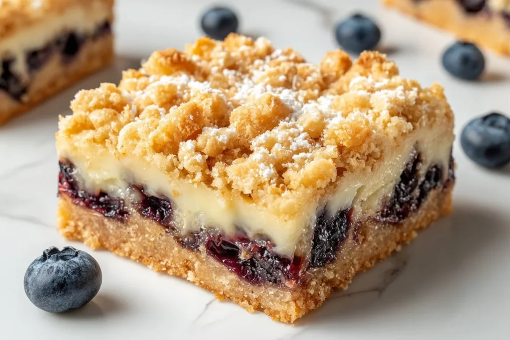 Delicious blueberry crumble bars with a golden topping and fresh blueberries