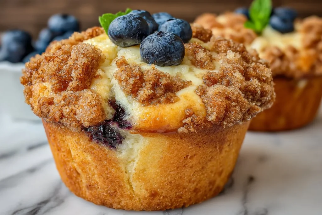 Freshly baked blueberry muffins with a delicious streusel crumb topping