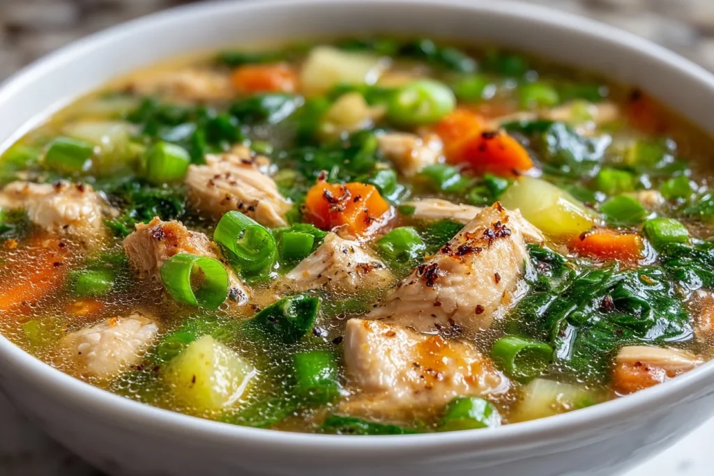 Bowl of Bok Choy Chicken Soup with fresh vegetables and chicken broth