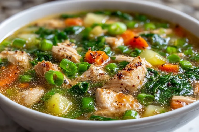 Bowl of Bok Choy Chicken Soup with fresh vegetables and chicken broth