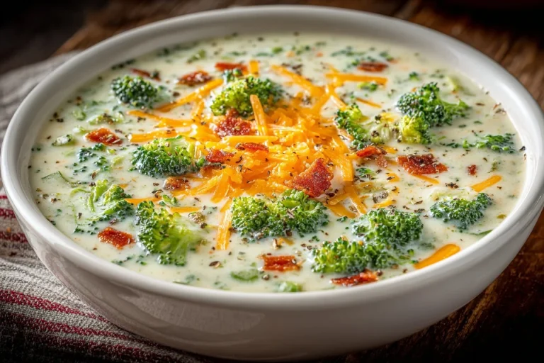 Bowl of creamy Broccoli Potato Soup garnished with fresh herbs
