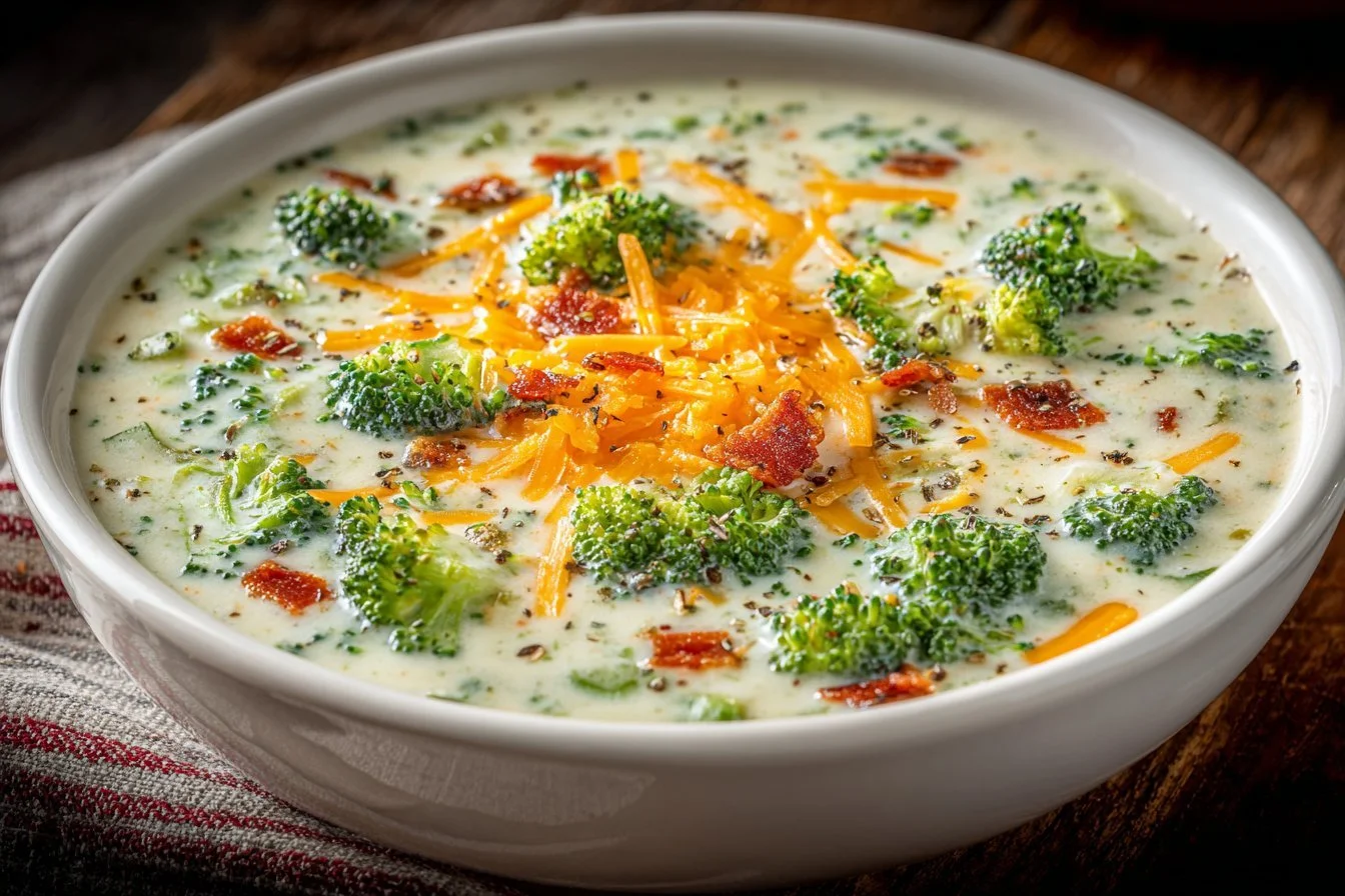 Bowl of creamy Broccoli Potato Soup garnished with fresh herbs