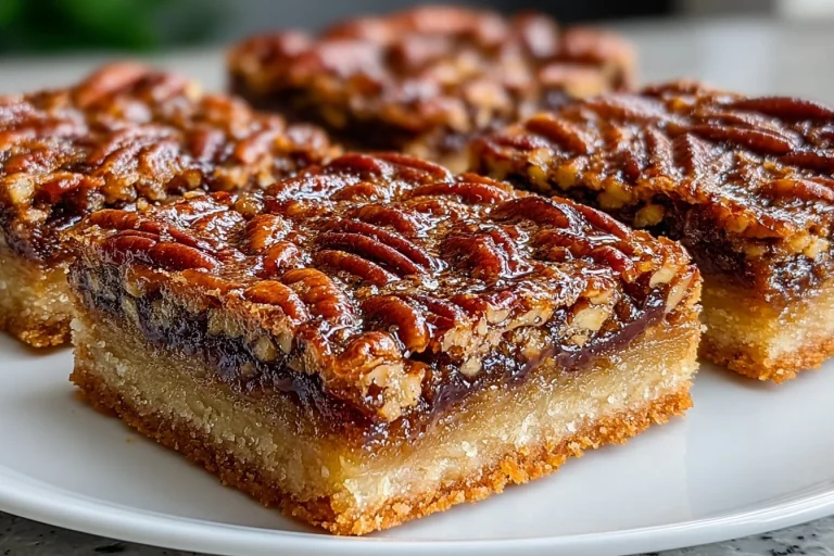 Brown Sugar Pecan Pie Bars topped with pecans and caramel