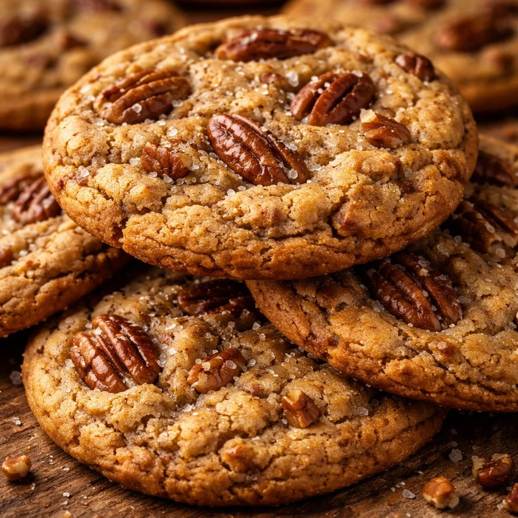 Freshly baked browned butter pecan cookies on a cooling rack