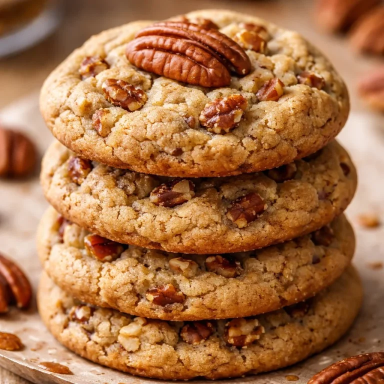 Freshly baked Butter Pecan Cookies on a wooden plate