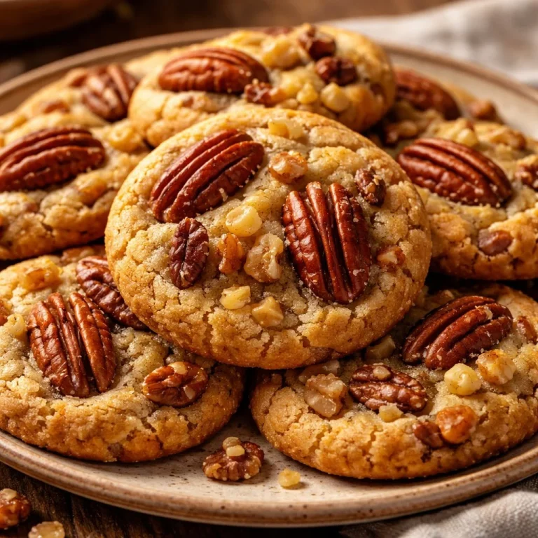 Delicious butter pecan cookies on a plate with a few scattered pecans