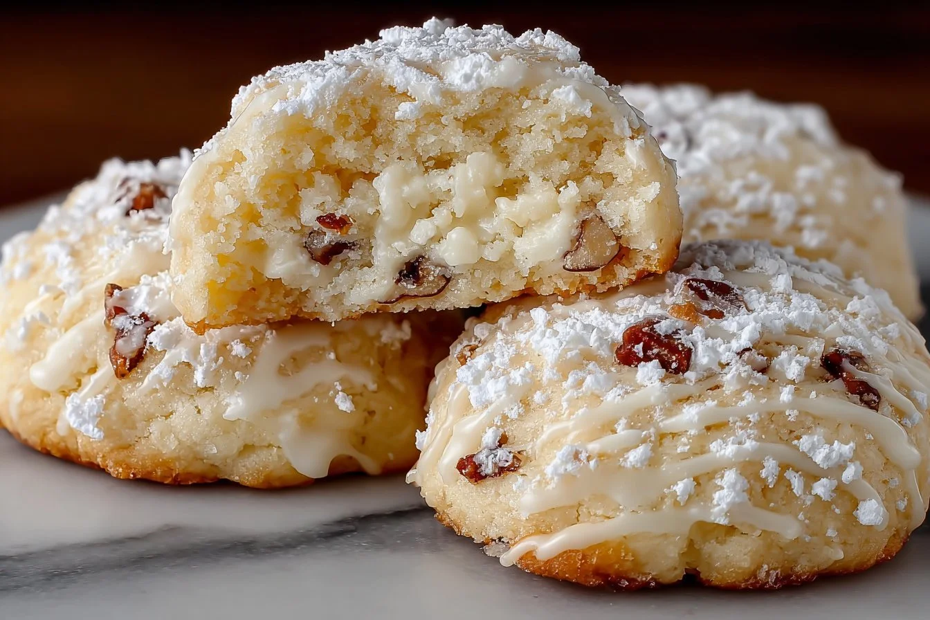 A plate of freshly baked Butterball Cookies, dusted with powdered sugar.