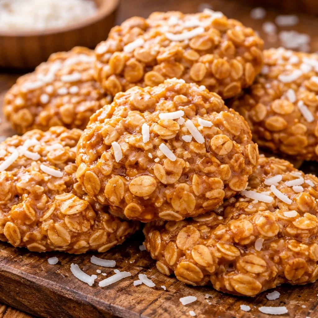 Caramel Coconut No-Bake Cookies stacked on a plate
