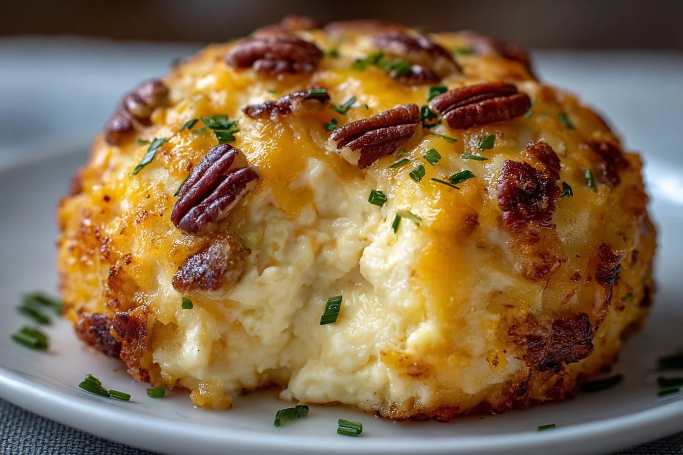 Homemade cheddar cheese ball served on a platter with crackers and vegetables