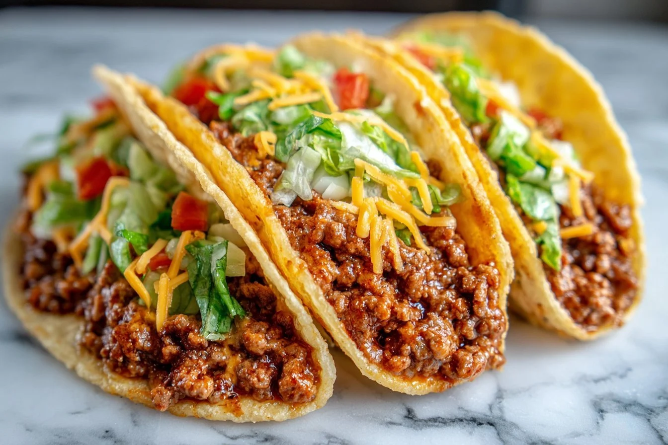 Delicious cheeseburger tacos topped with fresh ingredients and served on a plate