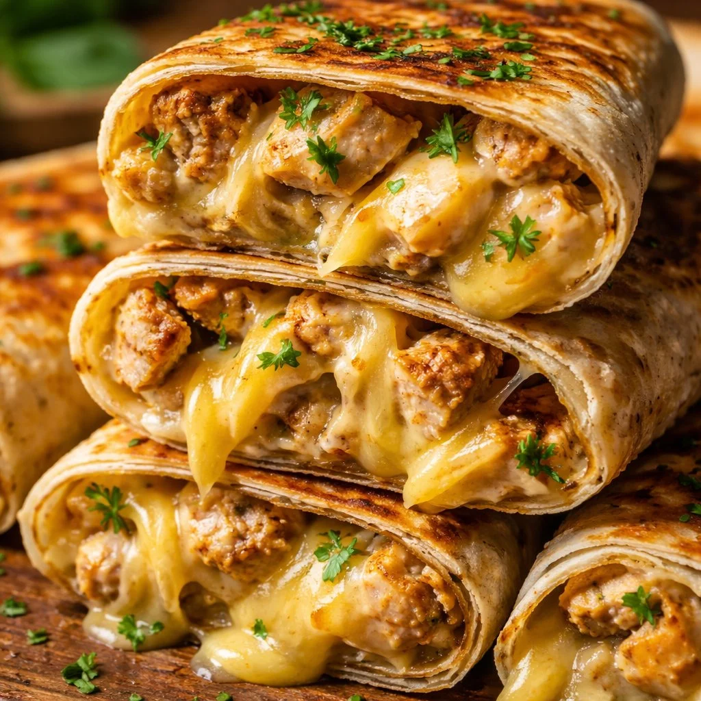 Cheesy garlic chicken wraps with fresh ingredients on a wooden table