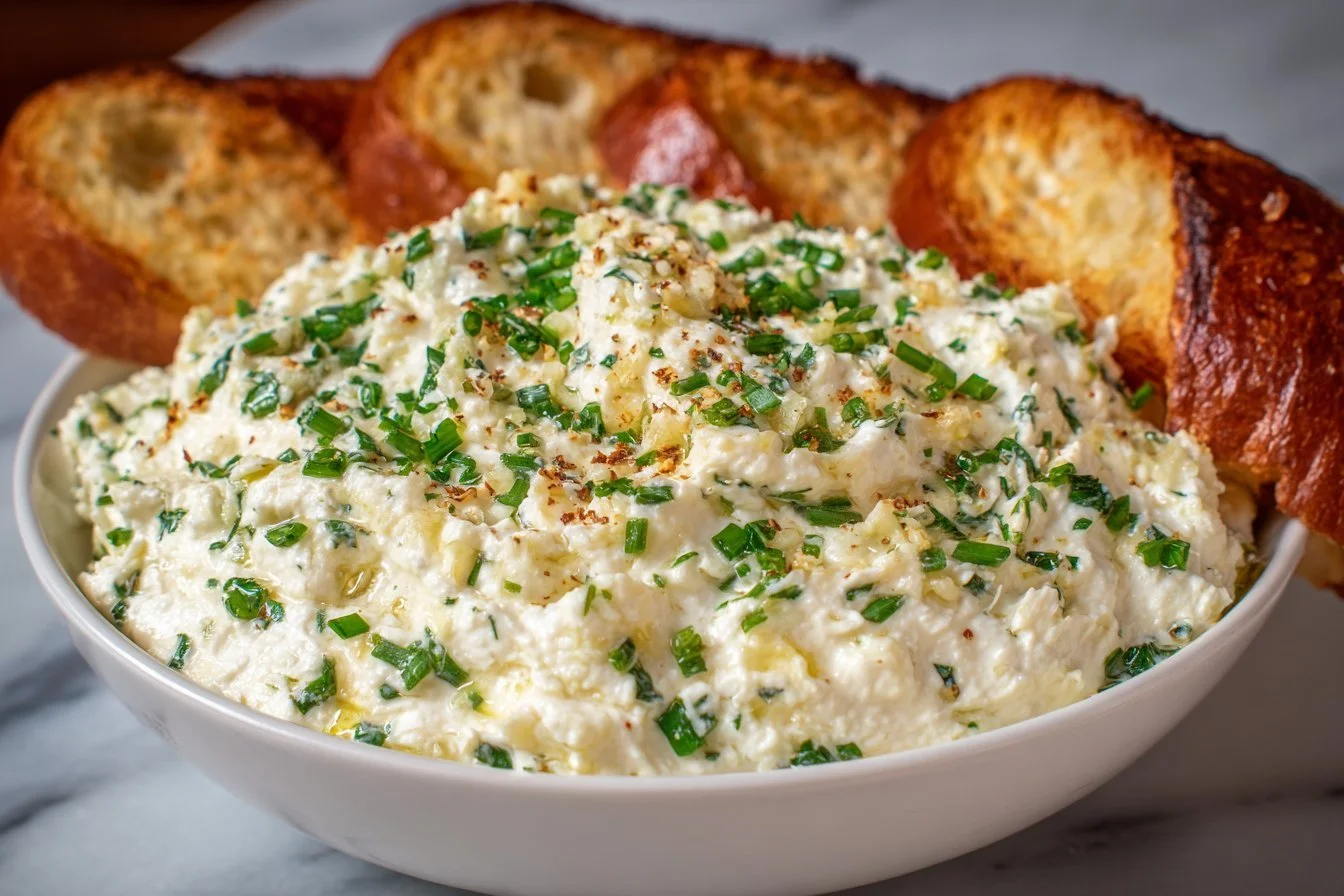 Creamy Cheesy Garlic Herb Dip served with crackers and veggies