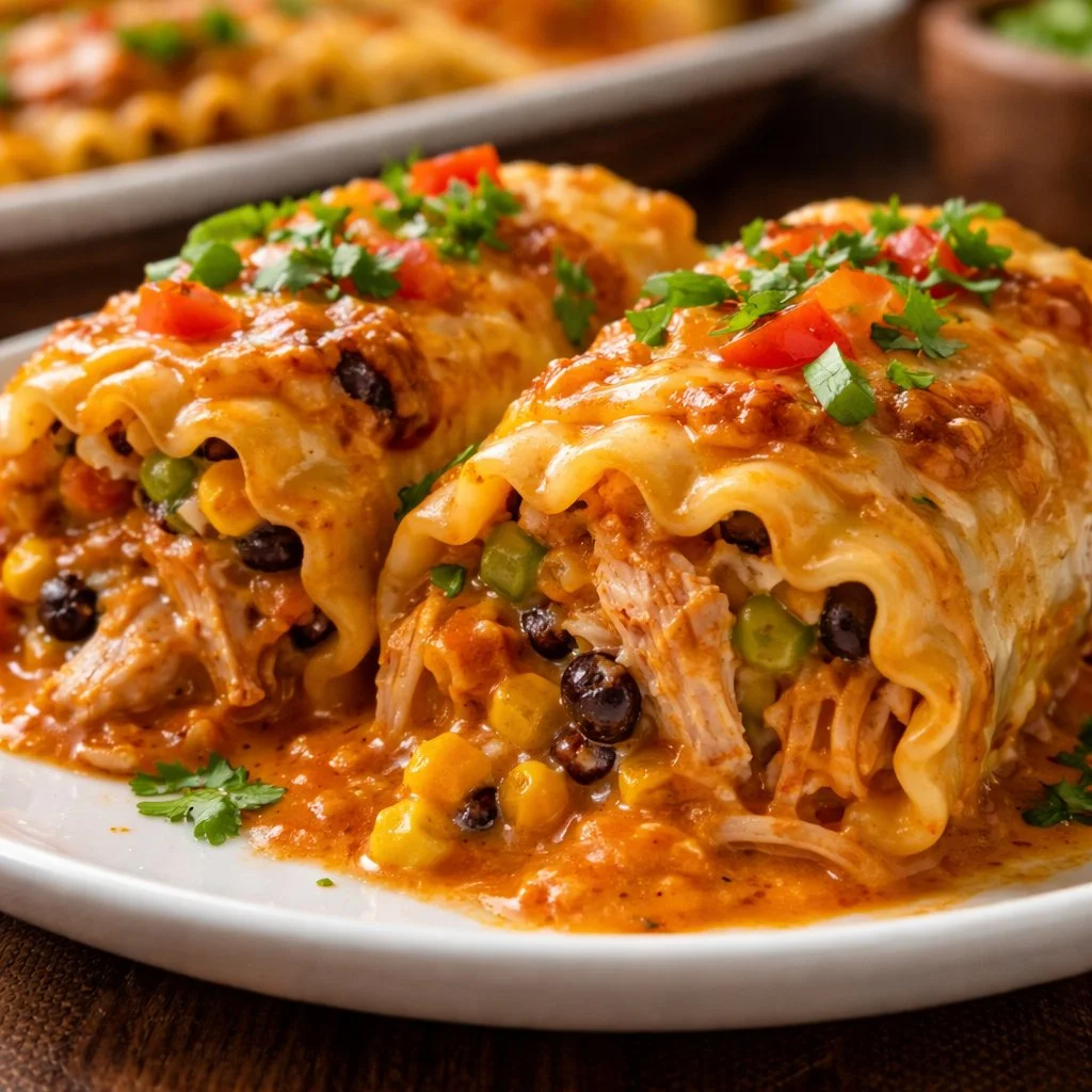 Cheesy Southwest Chicken Lasagna Rolls on a plate
