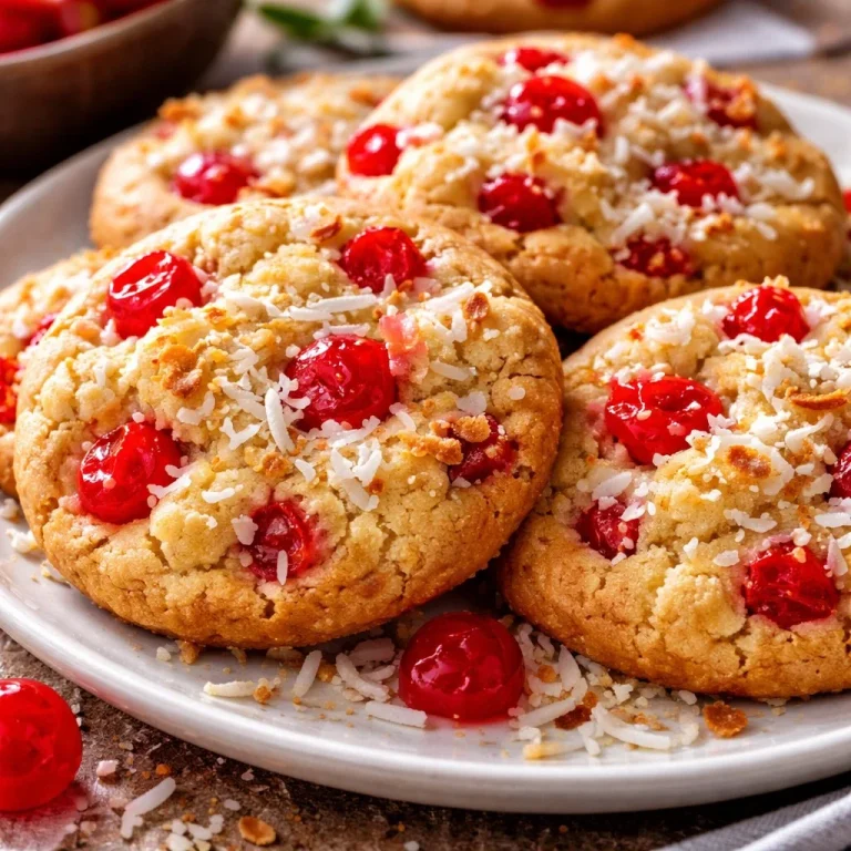 Cherry Coconut Cookies with cherries and coconut flakes on a plate