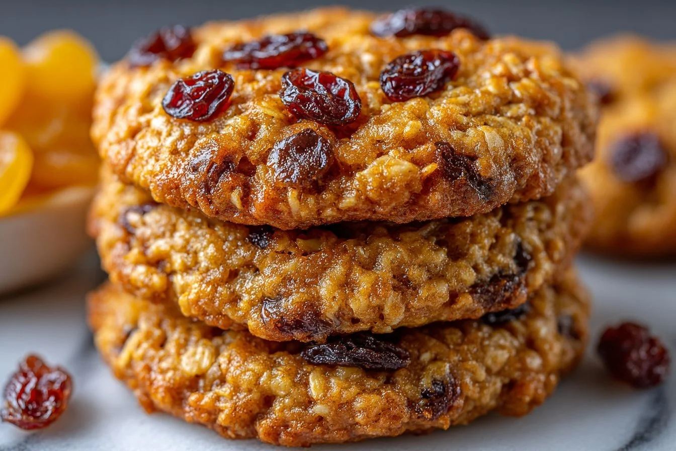 Chewy gluten-free oatmeal raisin cookies on a plate