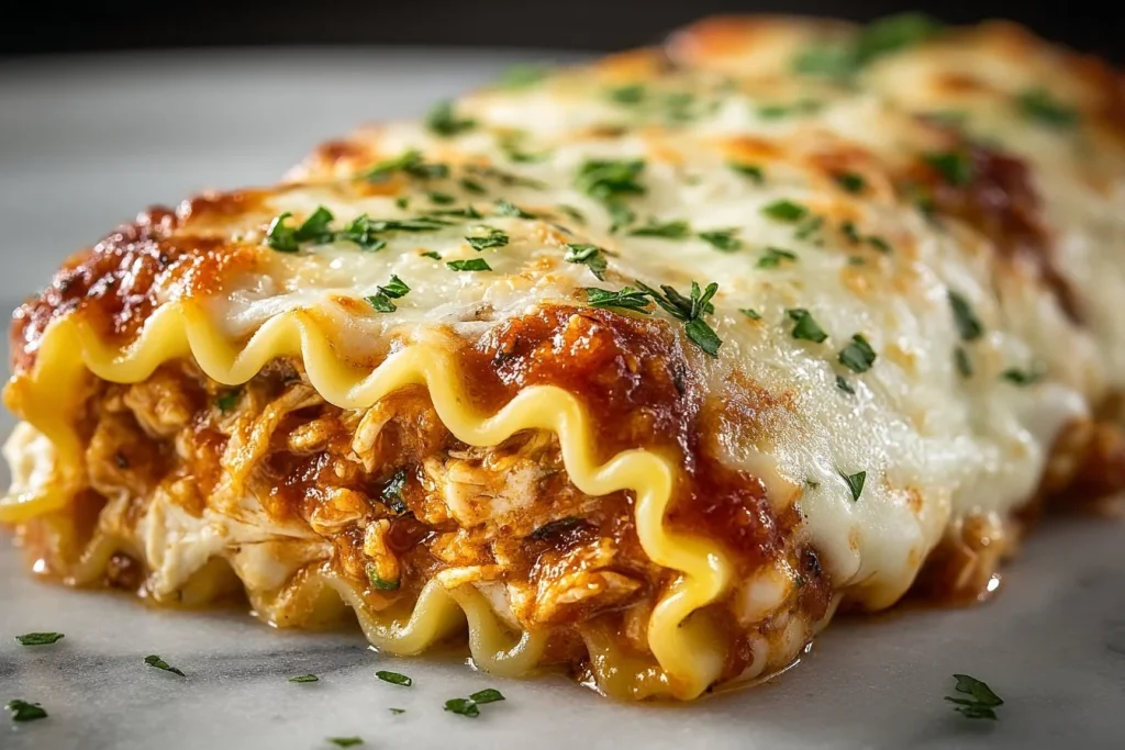 Chicken Alfredo Lasagna Roll-Ups with creamy sauce and pasta on a plate
