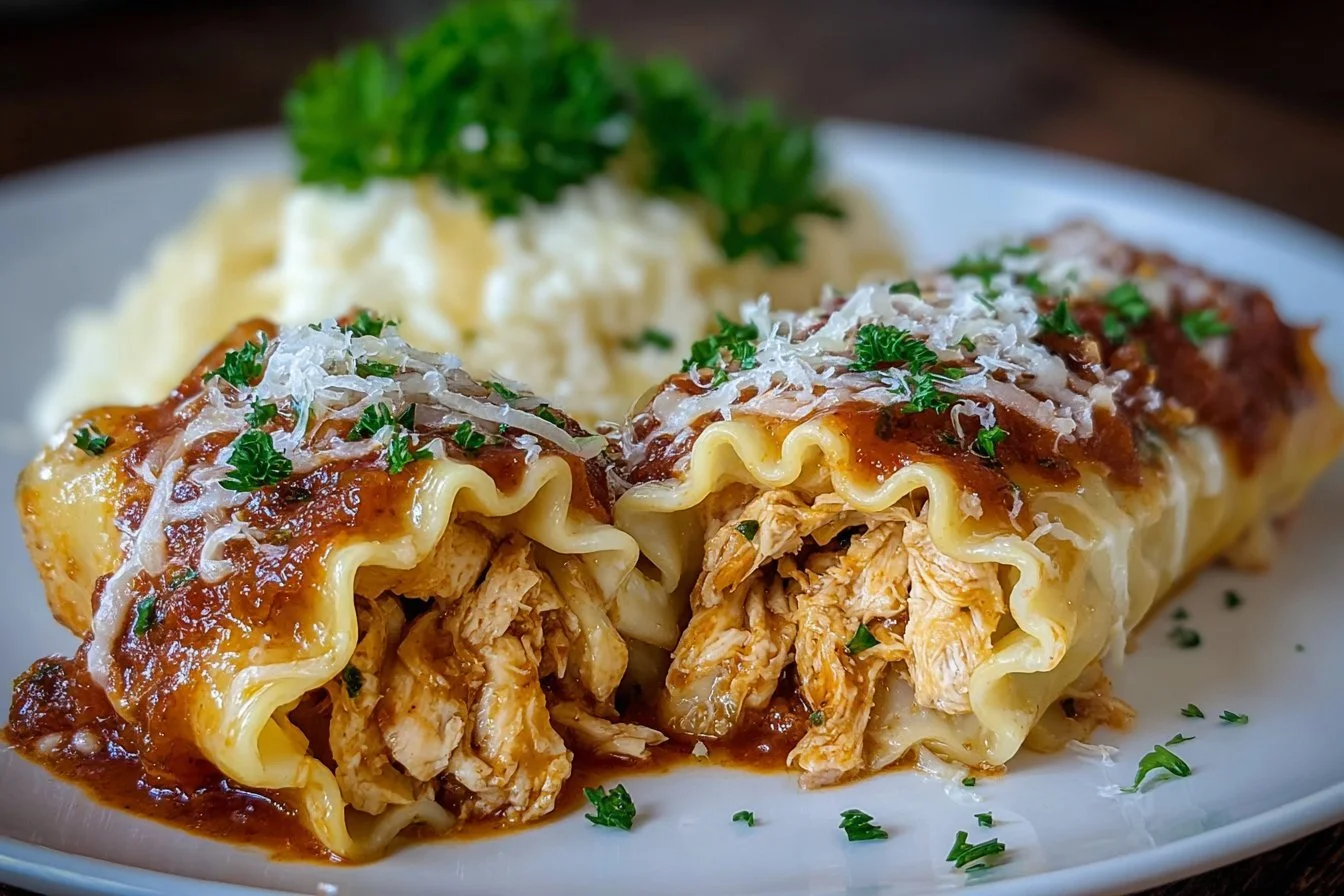 Delicious Chicken Alfredo Lasagna Rolls layered with creamy alfredo sauce