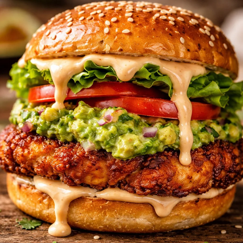 Delicious chicken burger with smashed avocado and chipotle mayo topping