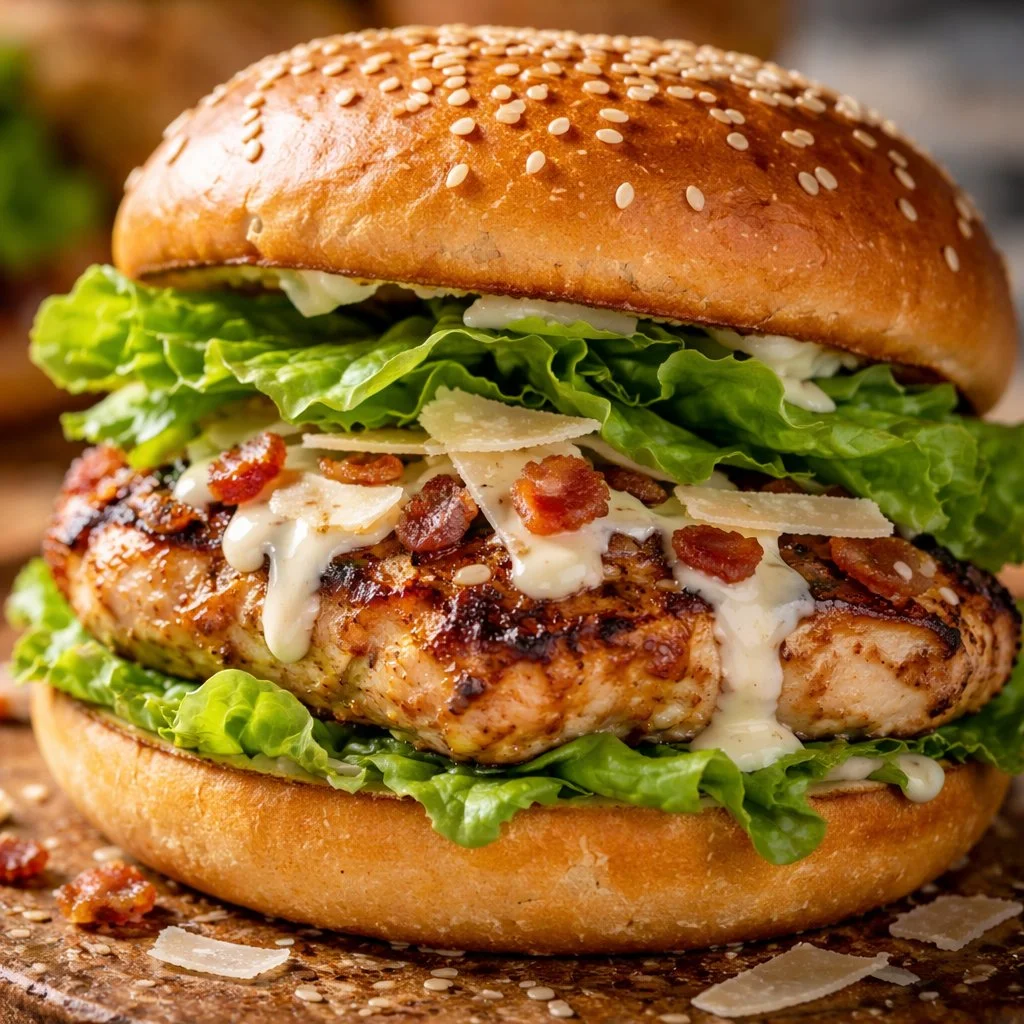 Delicious Chicken Caesar Burger with grilled chicken and Caesar dressing