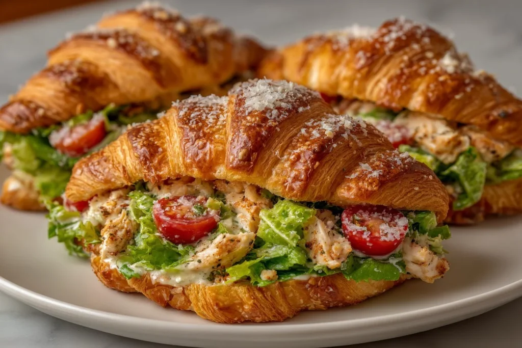 Delicious Chicken Caesar Croissant Sandwich with lettuce, chicken and Caesar dressing