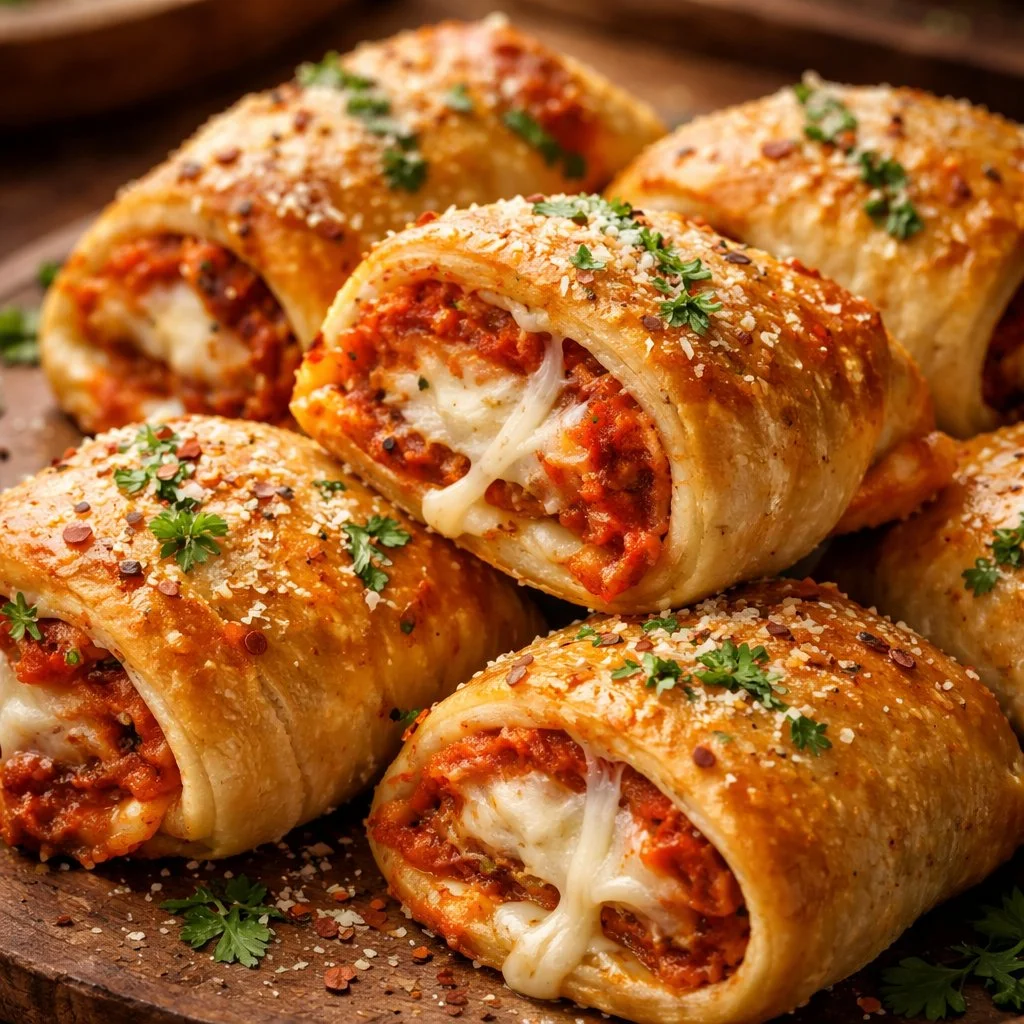 Golden Chicken Parmesan Crescent Rolls topped with marinara sauce and cheese.