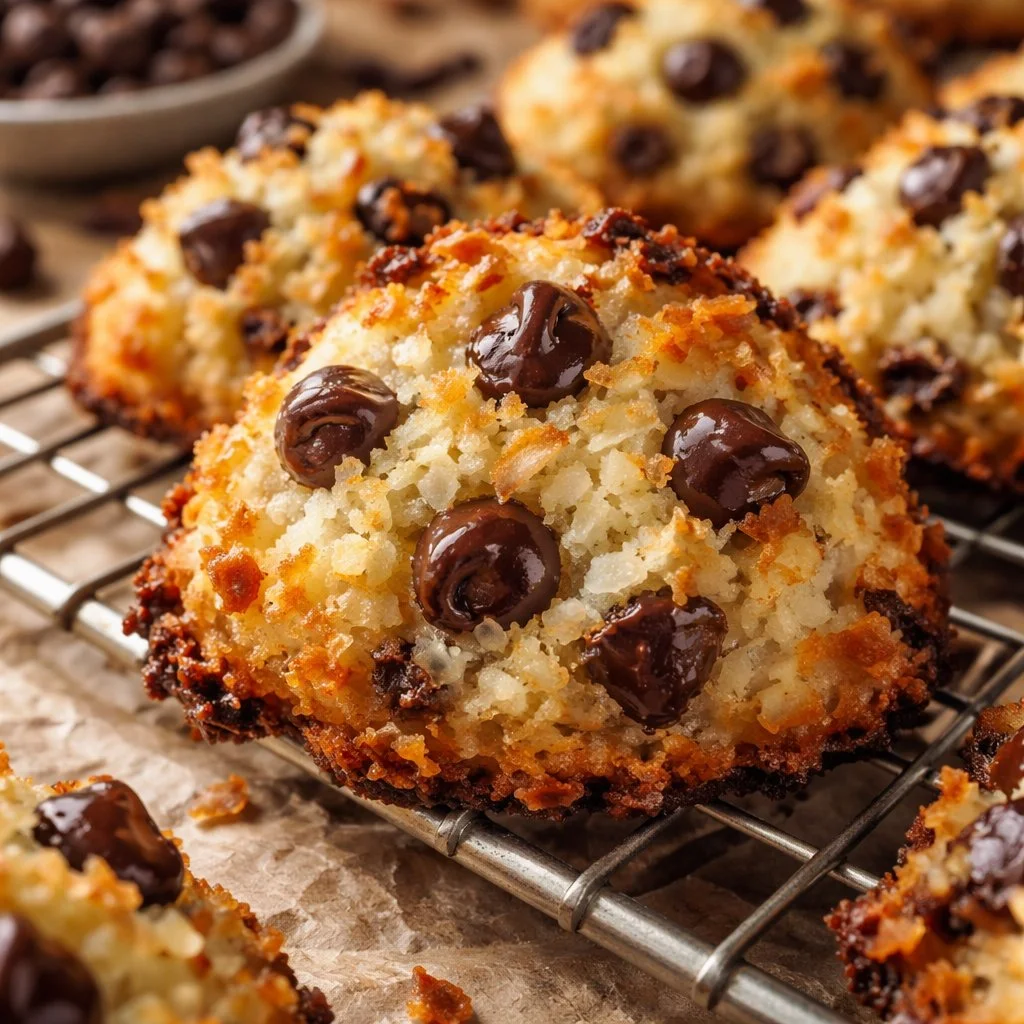 Chocolate chip coconut macaroons on a plate topped with shredded coconut.