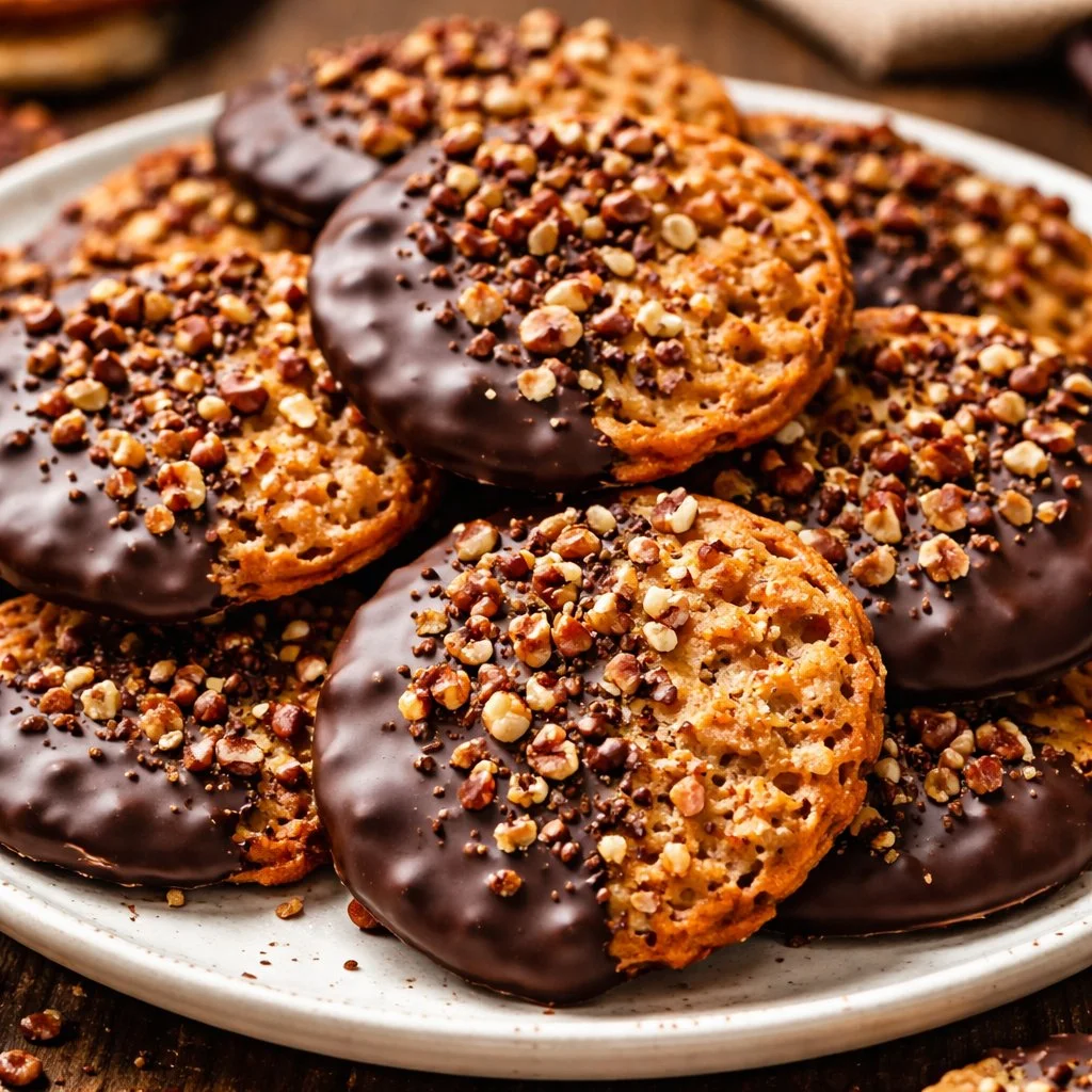 Chocolate dipped pecan lace cookies on a decorative plate
