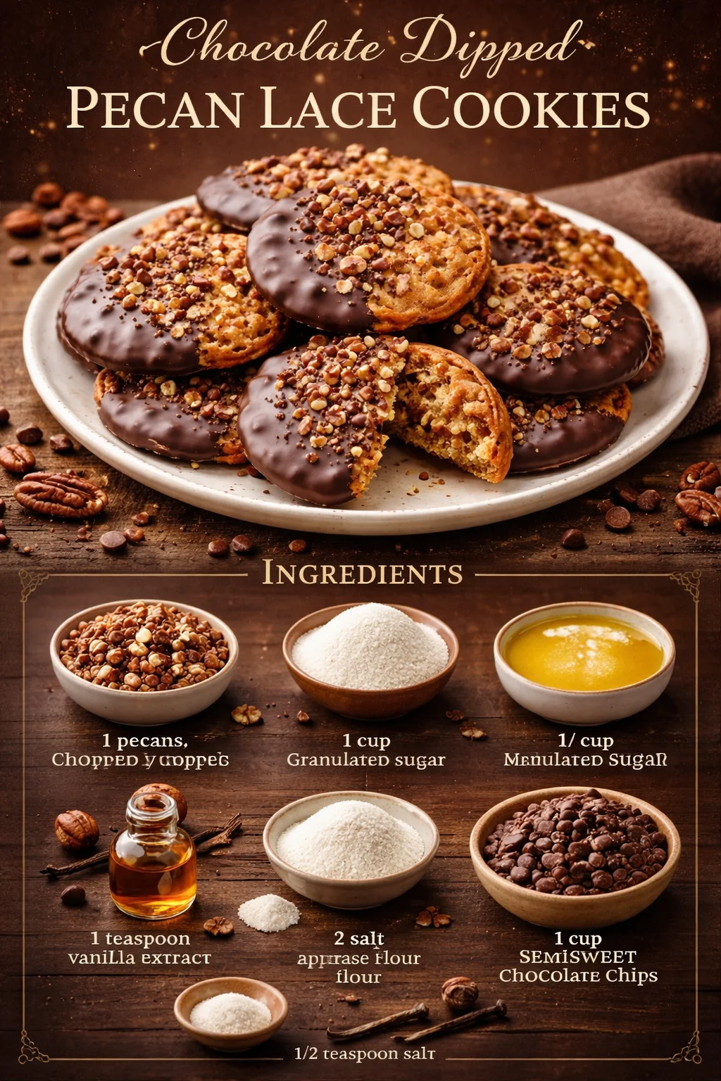 Chocolate Dipped Pecan Lace Cookies