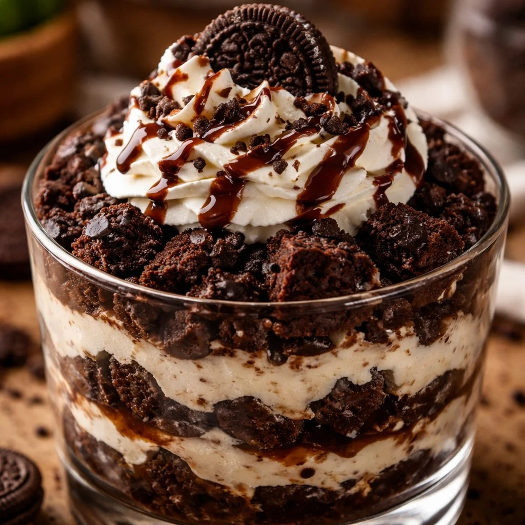 Chocolate Oreo Cheesecake Brownie Trifle layered dessert topped with Oreos