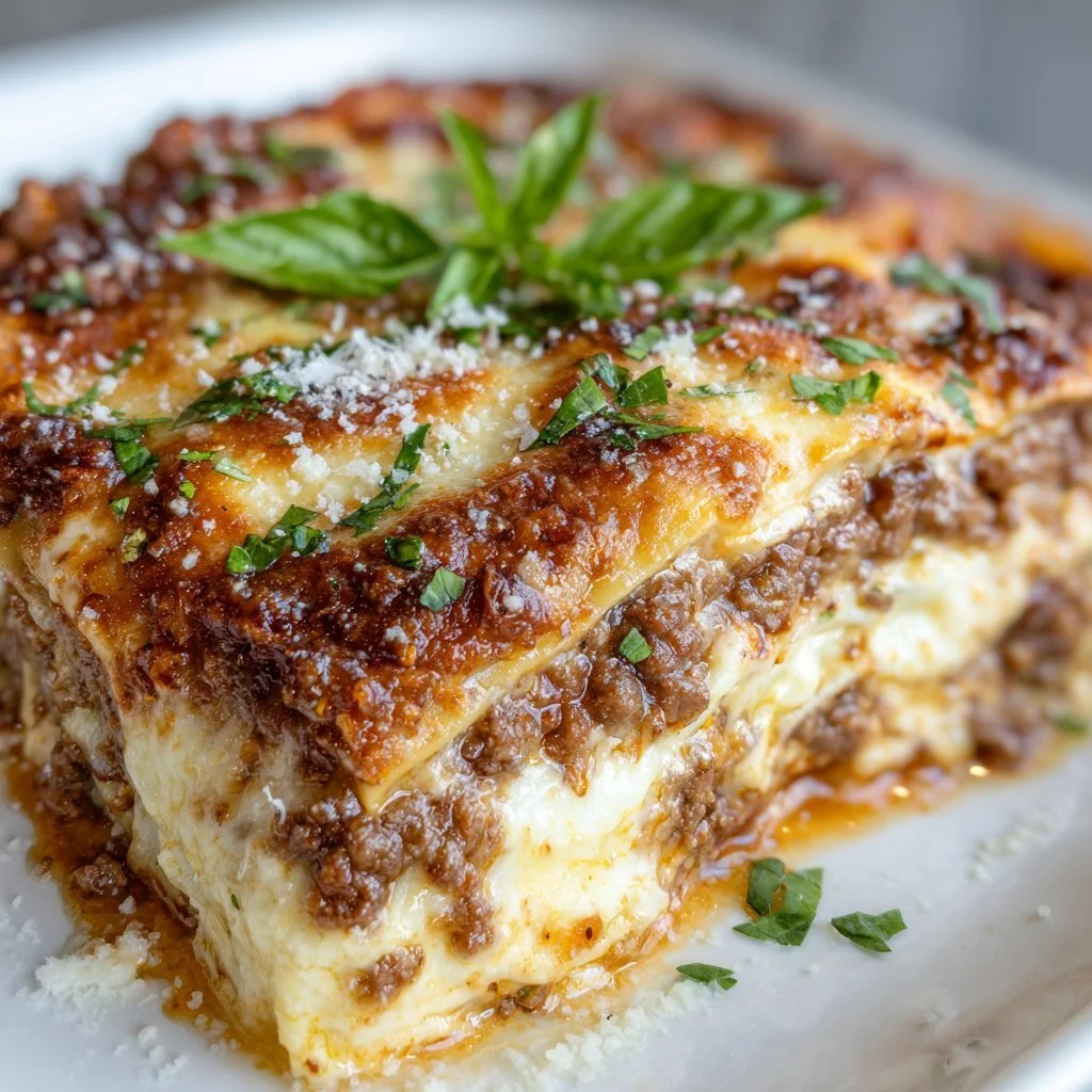 Delicious classic lasagna layered with cheese, meat, and rich tomato sauce.